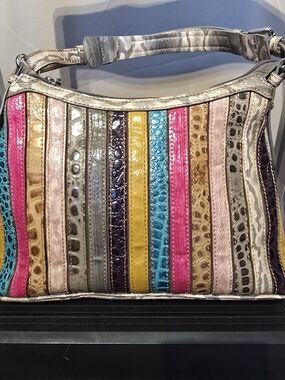 Madi Claire Striped Multicolor Leather Shoulder Bag - Pink, Turquoise & Yellow